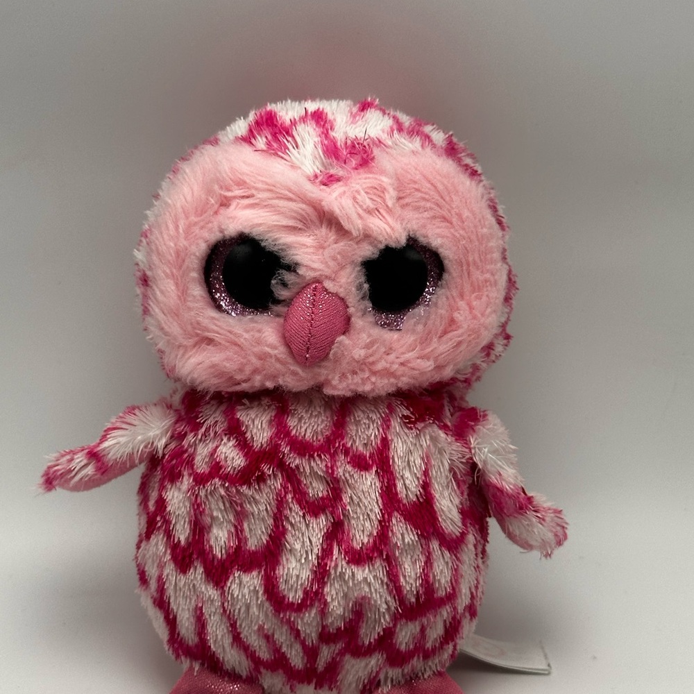 Ty Pink and White Plush Owl Beanie Boo Stuffed Animal